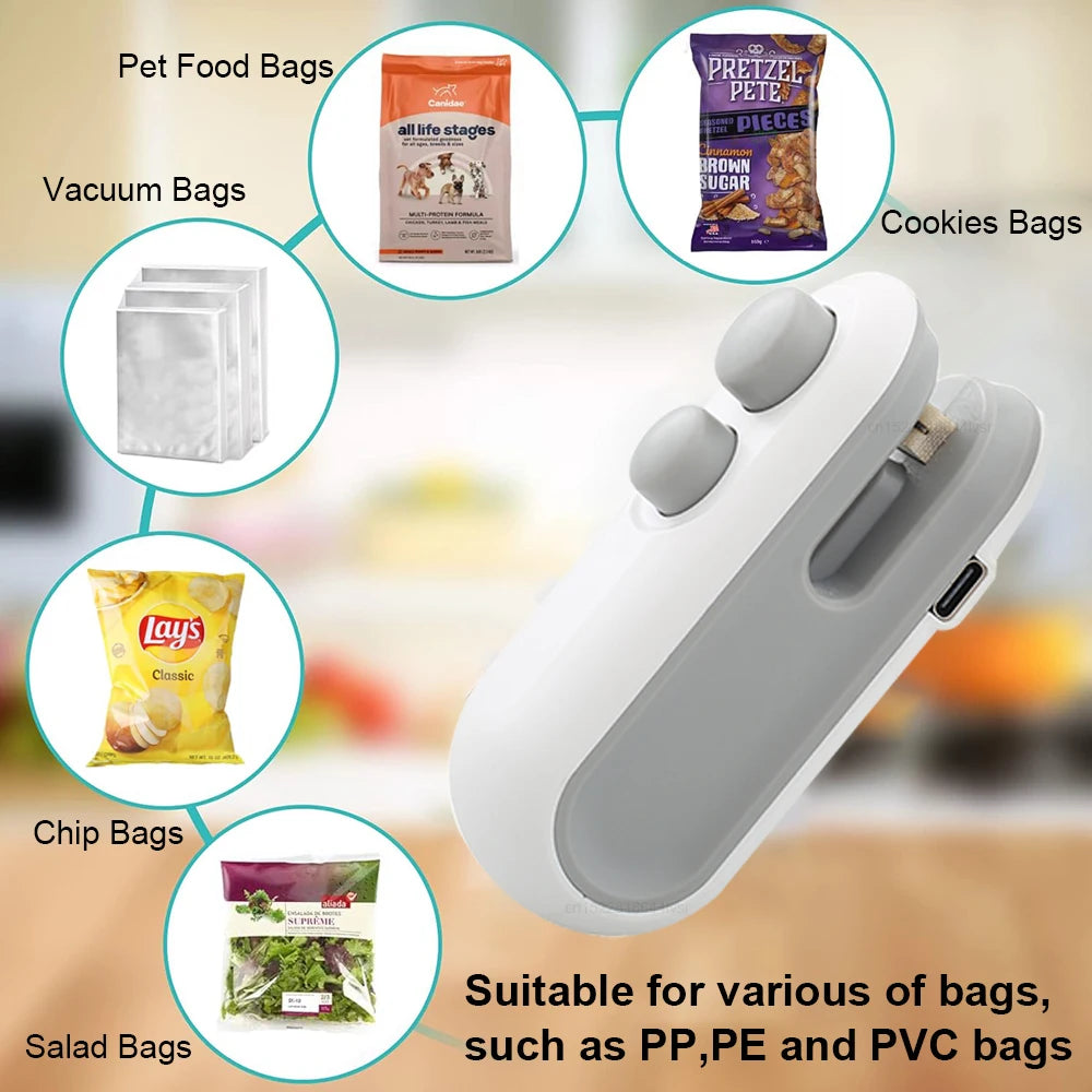 Mini Bag Sealer Portable Handheld Heat Vacuum Sealer Rechargeable 2 in 1 Sealer and Cutter Plastic Bags Snacks Food Storage