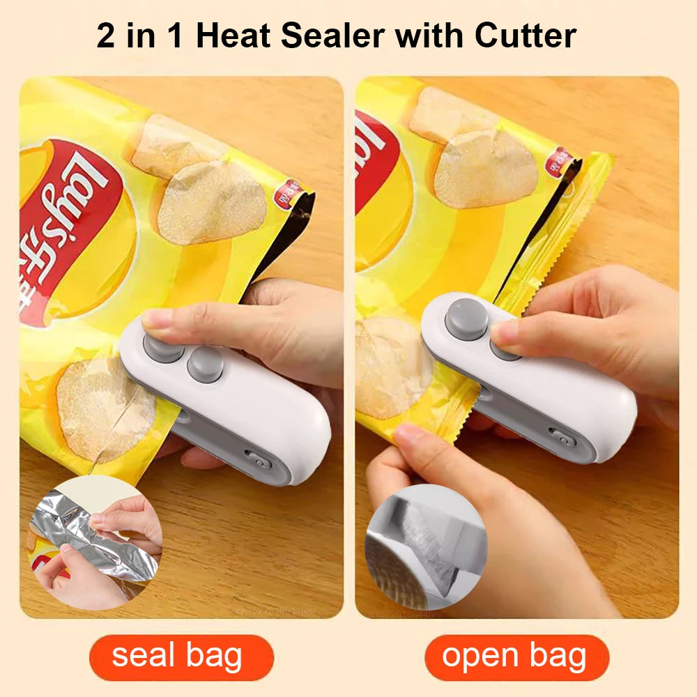 Mini Bag Sealer Portable Handheld Heat Vacuum Sealer Rechargeable 2 in 1 Sealer and Cutter Plastic Bags Snacks Food Storage