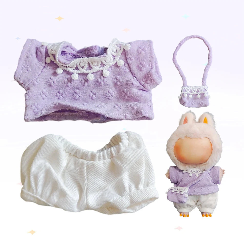 17cm Mini Plush Doll'S Clothes Outfit Accessories For Korea Kpop Exo Labubu Idol Dolls Corduroy overalls T-shirt Clothing Gift