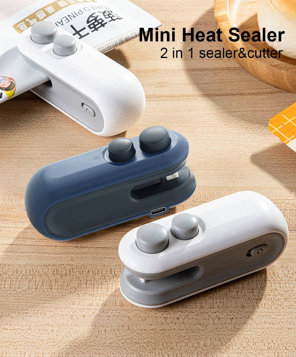 Mini Bag Sealer Portable Handheld Heat Vacuum Sealer Rechargeable 2 in 1 Sealer and Cutter Plastic Bags Snacks Food Storage