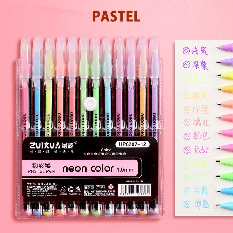 12/24Pcs Metallic Glitter Colors Gel Pens & Pen Refills For School Office Adult Coloring Book Journals Drawing Art Markers