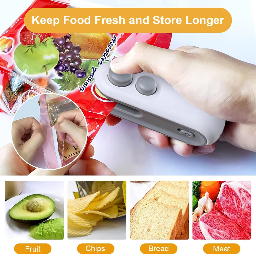 Mini Bag Sealer Portable Handheld Heat Vacuum Sealer Rechargeable 2 in 1 Sealer and Cutter Plastic Bags Snacks Food Storage