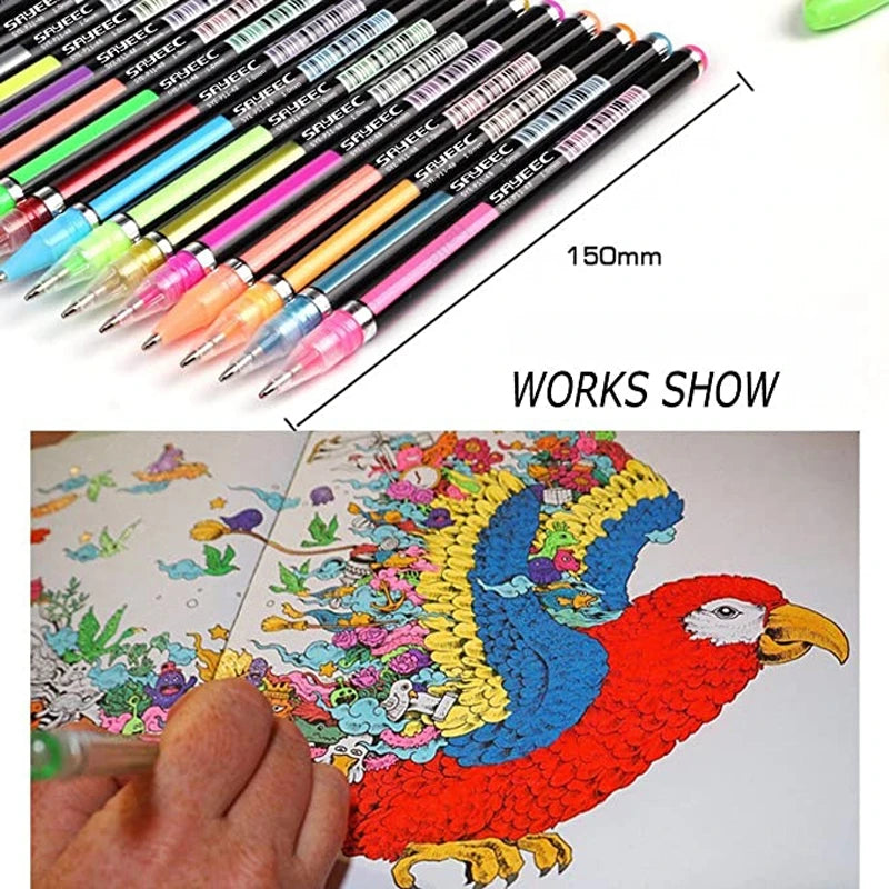 12/24Pcs Metallic Glitter Colors Gel Pens & Pen Refills For School Office Adult Coloring Book Journals Drawing Art Markers